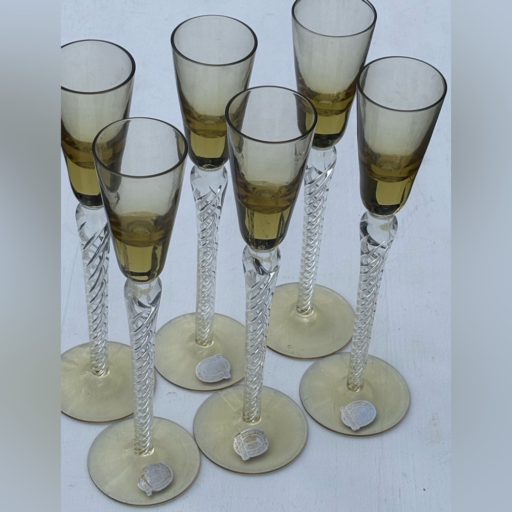 Vintage Tall Yellow Twisted Stem Champagne Flute Glasses Set of 6